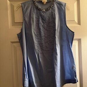 J Crew Sleeveless Cotton Embellished Neck Pleated Front Top — Light Blue